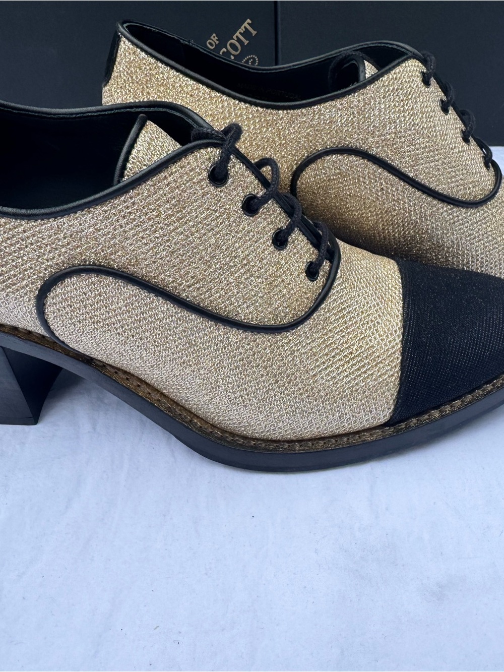 Woven Gold and Black Lace-Up Heels
